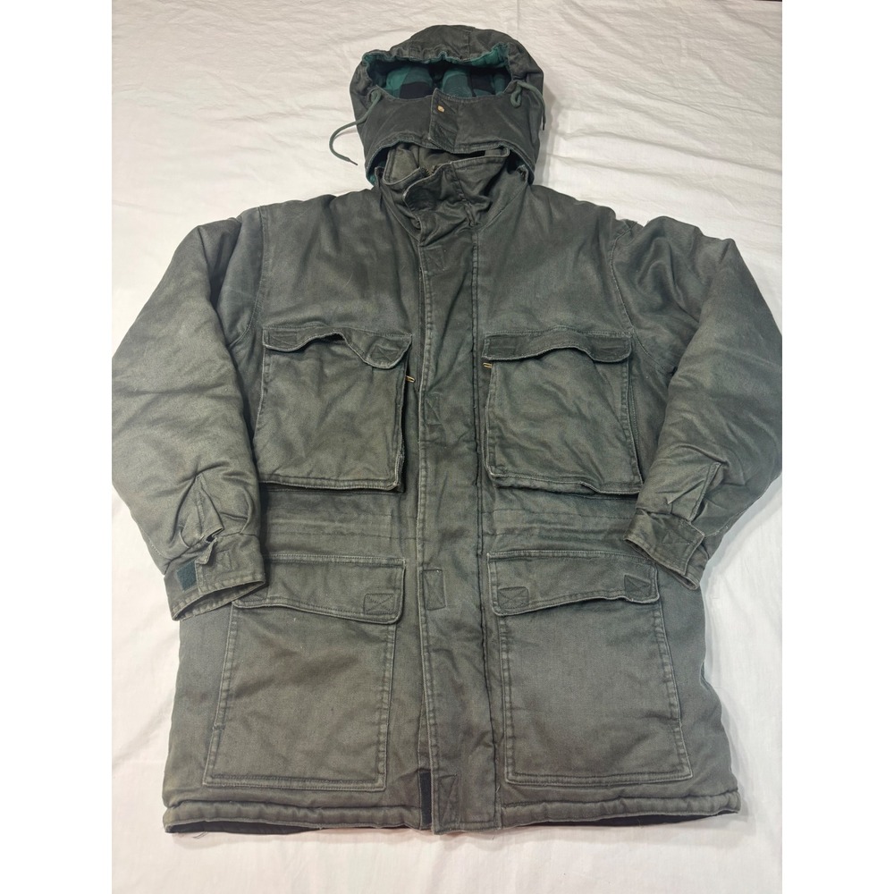 Rugged Run Mens Green Canvas Field Parka Jacket Detachable Hood Faded Large